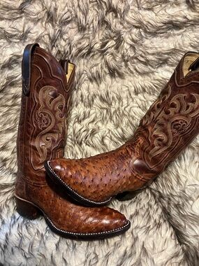 Tony Lama Men Top Quality Ostrich-& Leather Western Boots-brown-Sz 9 D